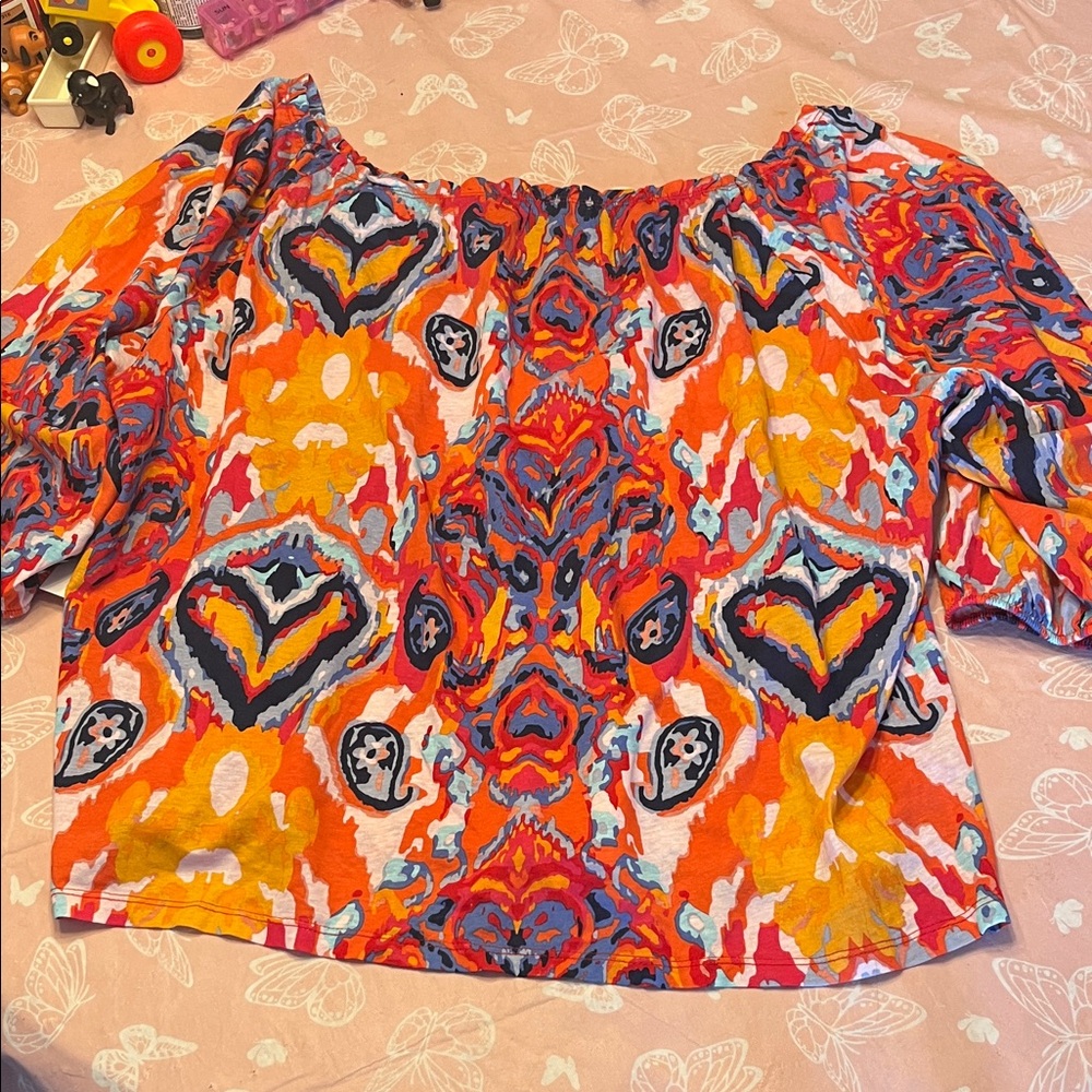 Tribal Multicolor Off-Shoulder Top in Orange, Yellow & Blue new with tags
